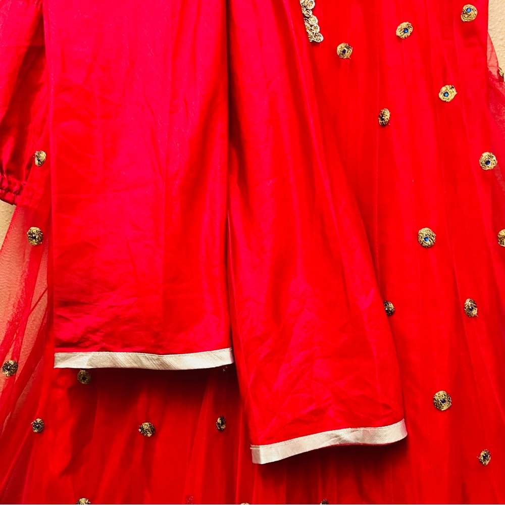 Red Net With Gold Thread Embroidered Sleeveless P… - image 8